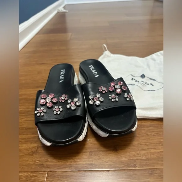 Prada Leather Slides with Rhinestone Detail Lightly Worn Size 38.5 (8)